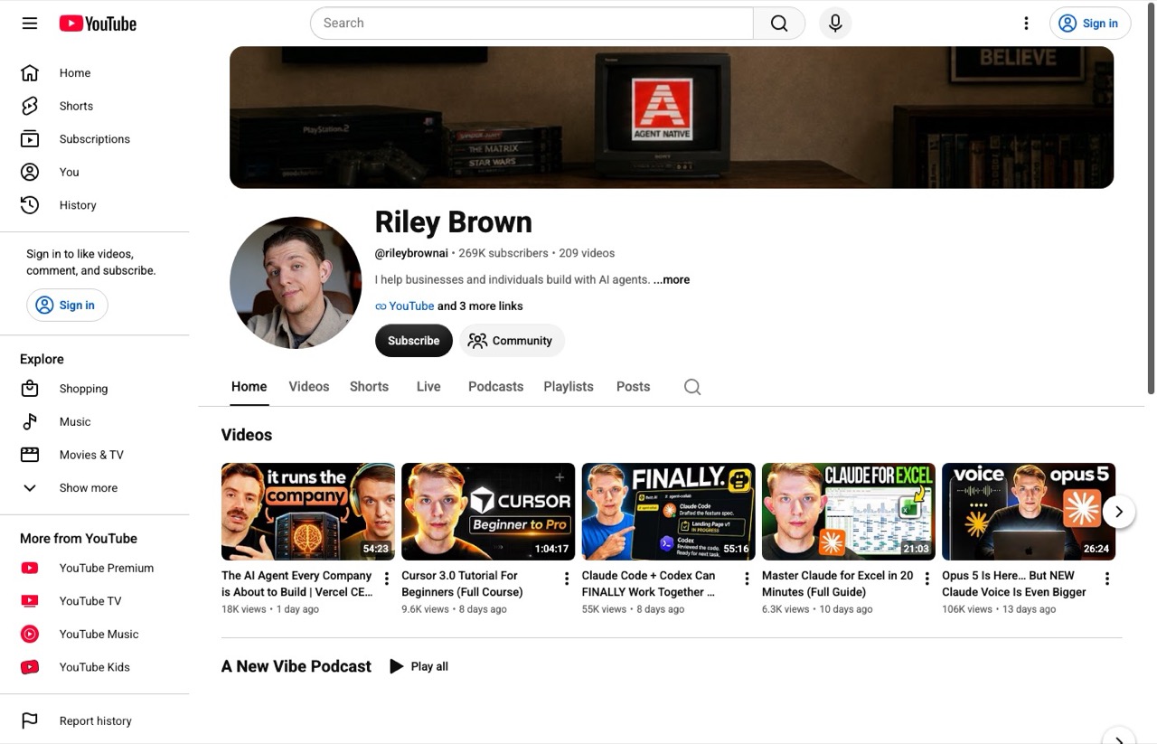 AI content creators to follow, Riley Brown YouTube channel with 269K subscribers