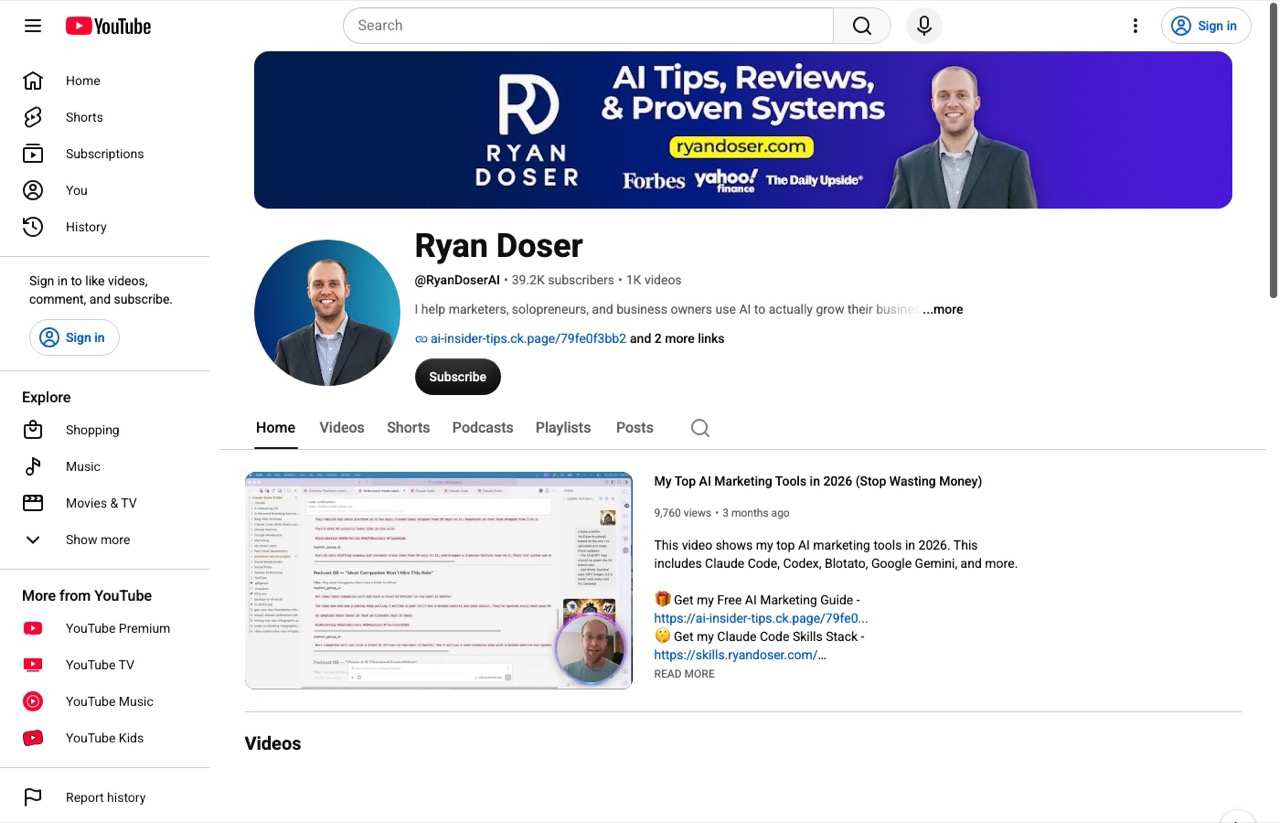 AI content creators to follow, Ryan Doser AI YouTube channel with 39.2K subscribers