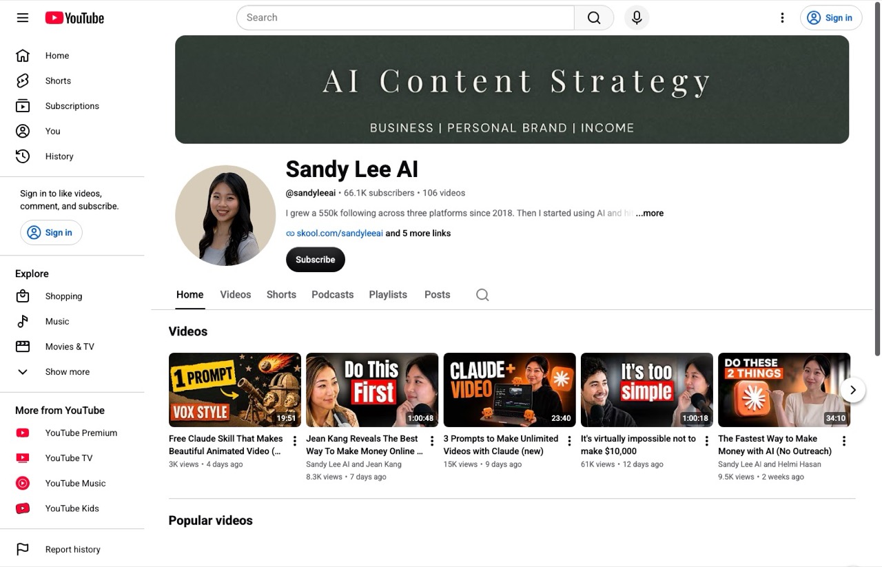 AI content creators to follow, Sandy Lee AI YouTube channel with 66.1K subscribers