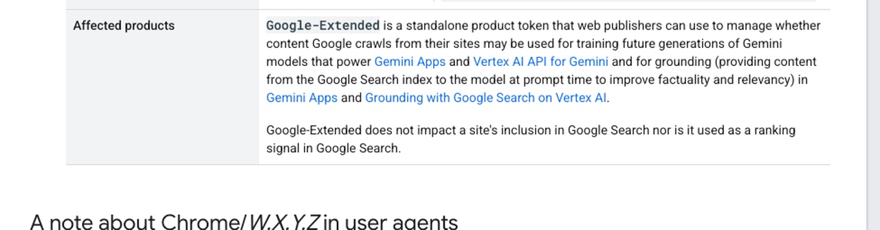 Google crawler documentation stating that Google-Extended does not impact a site's inclusion in Google Search nor is it used as a ranking signal