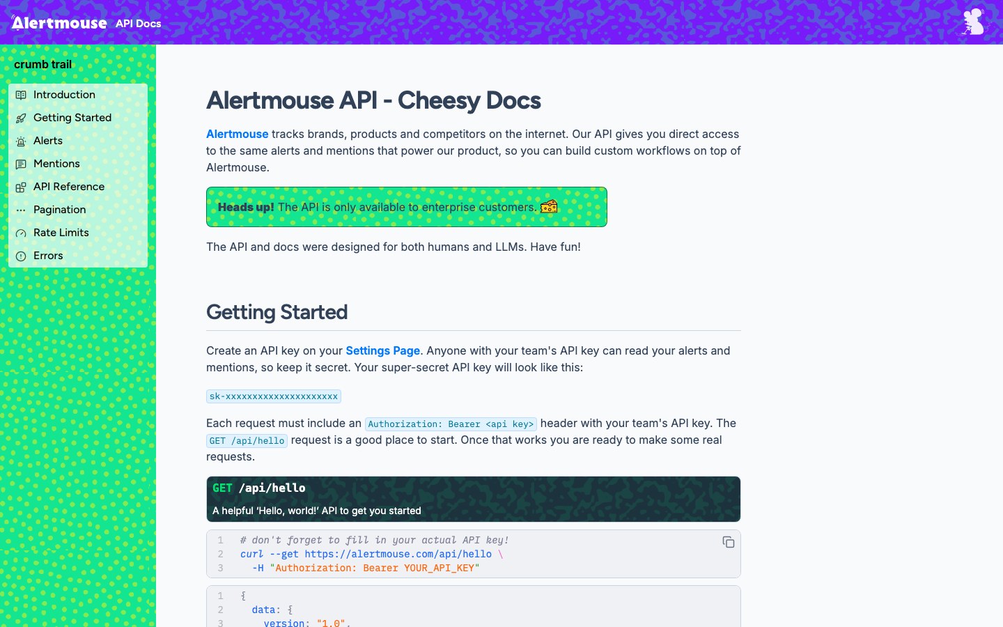 Alertmouse API documentation page showing the enterprise-only notice and endpoint reference