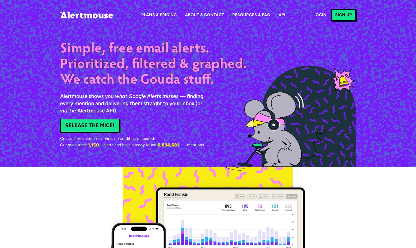 Alertmouse homepage showing the tagline Simple, free email alerts, prioritized, filtered and graphed