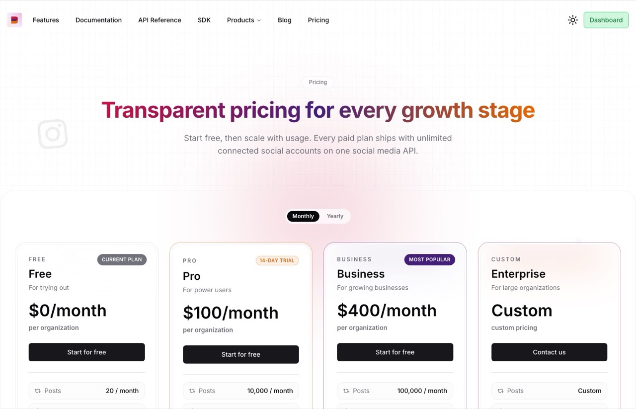 Ayrshare alternatives: bundle.social pricing showing Free, Pro and Business plans billed per organization