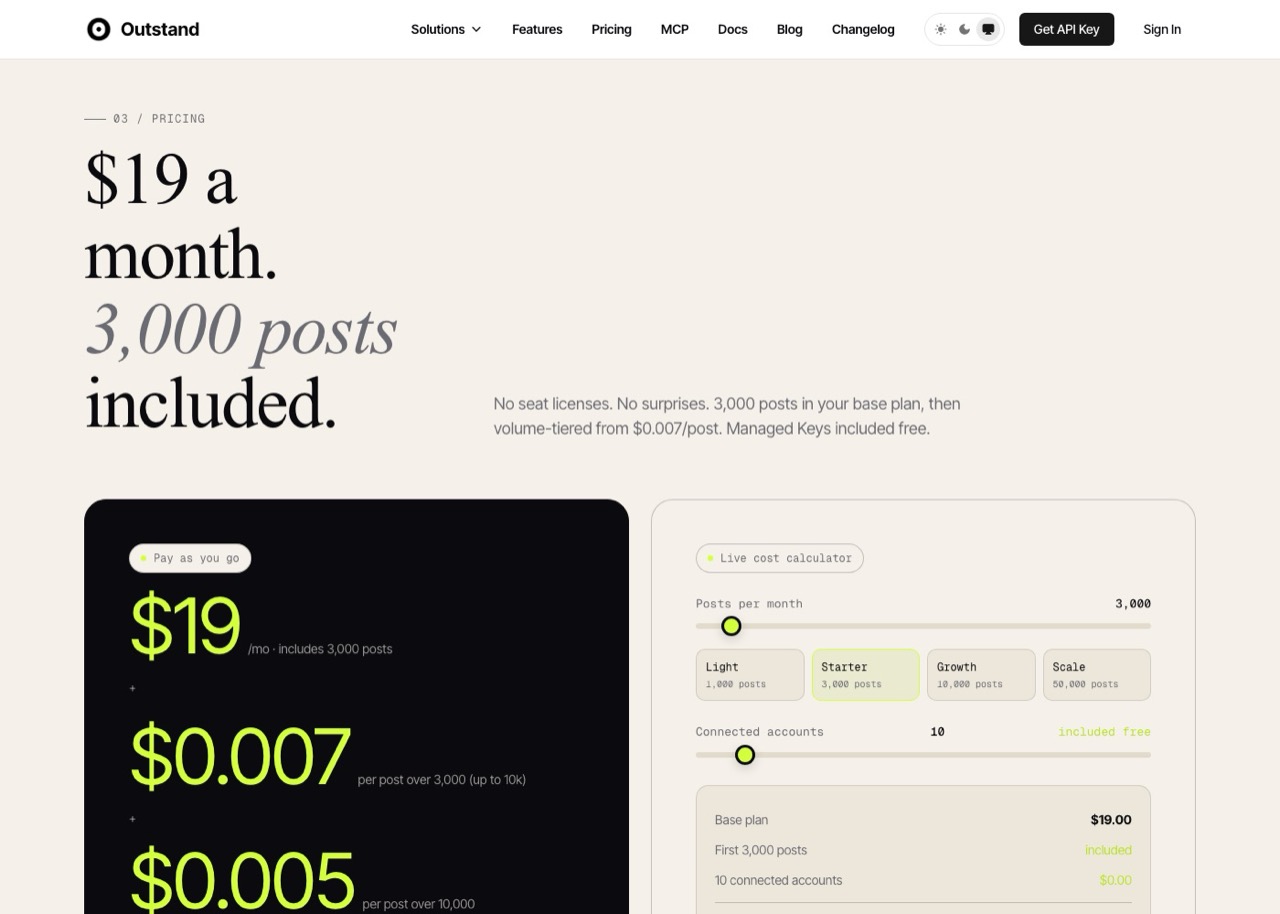Ayrshare alternatives: Outstand pricing showing 19 dollars a month including 3,000 posts with unlimited connected accounts