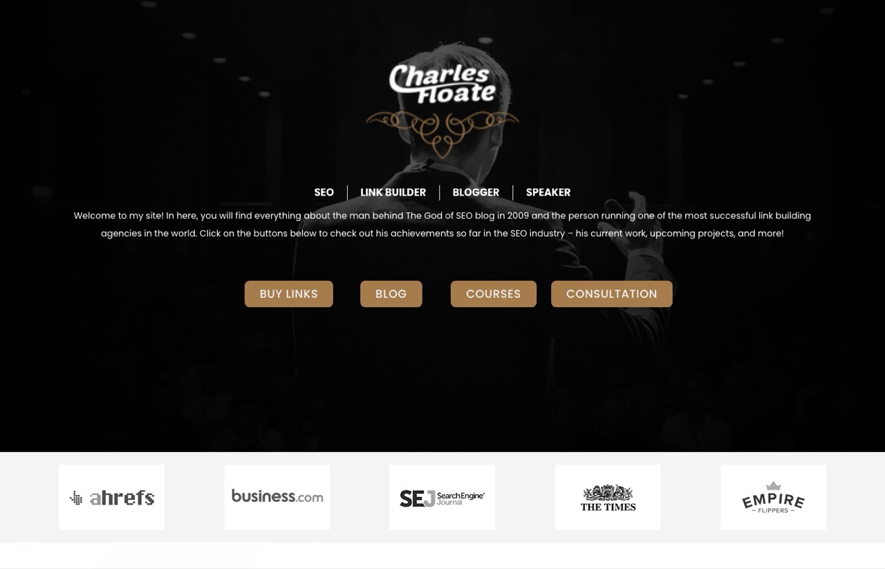 Best AI SEO experts, Charles Floate homepage showing link building and courses