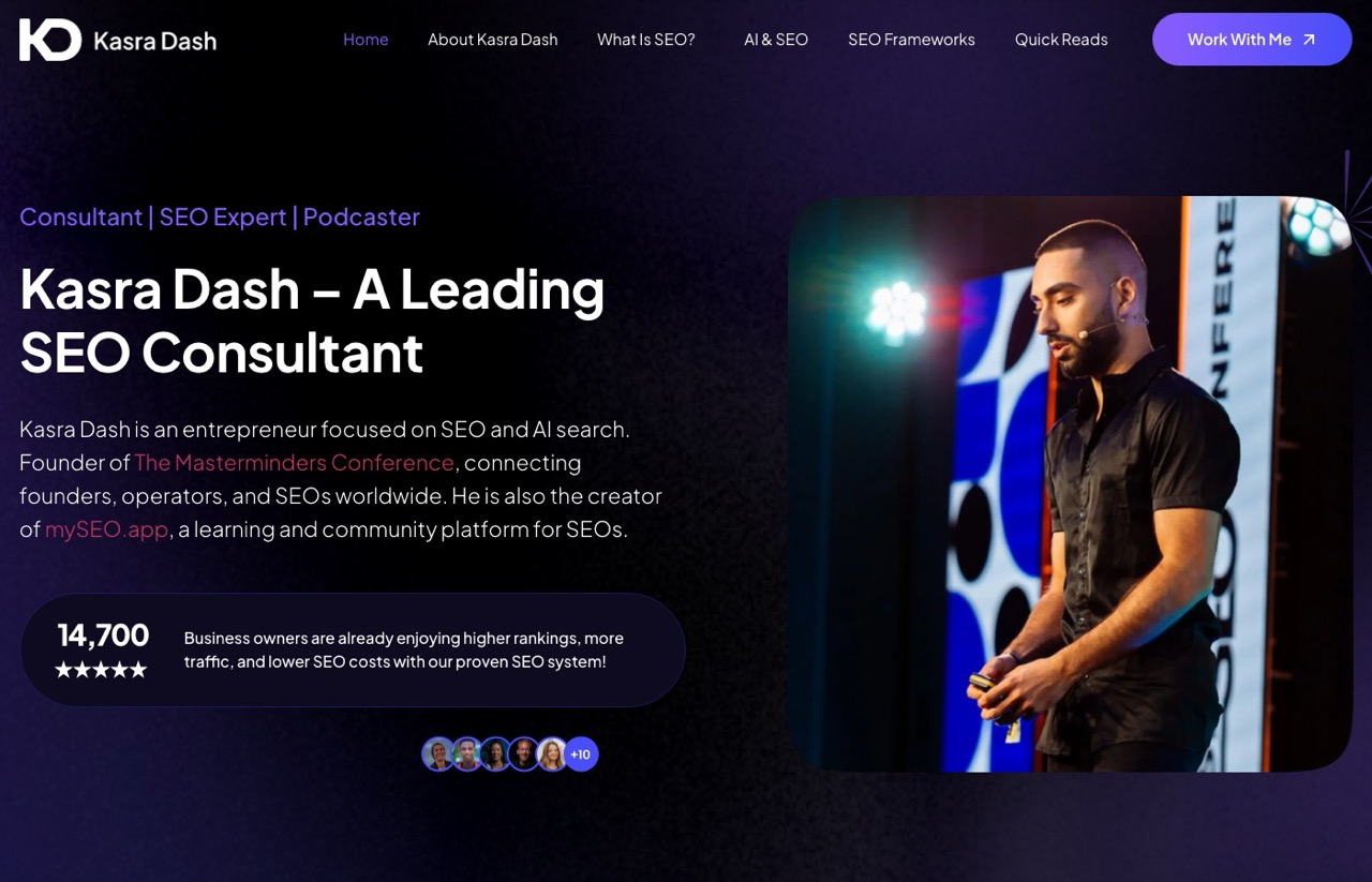 Best AI SEO experts, Kasra Dash consultant homepage and Masterminders conference