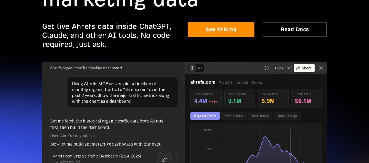 SEO MCP servers pick Ahrefs MCP page demonstrating live traffic data inside an AI chat