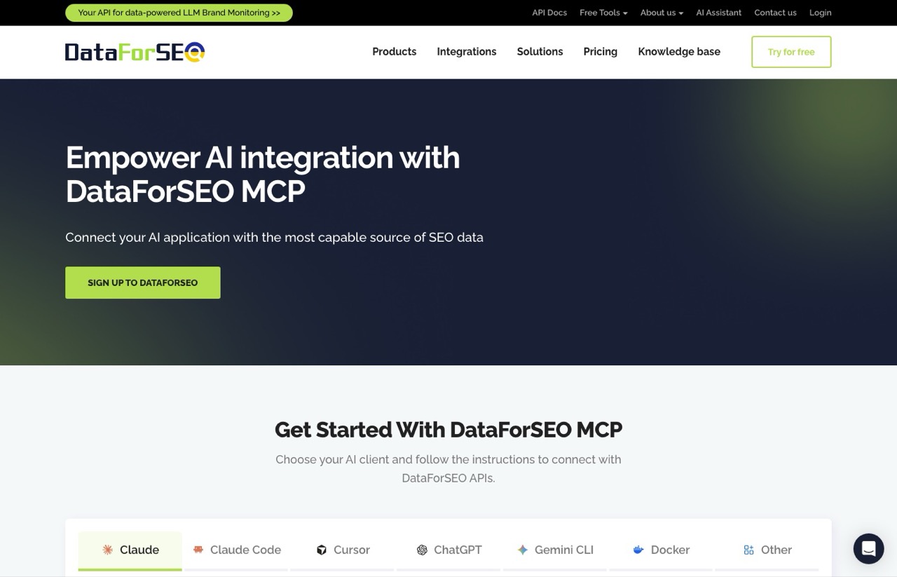 SEO MCP servers pick DataForSEO MCP setup page showing Claude and Claude Code options