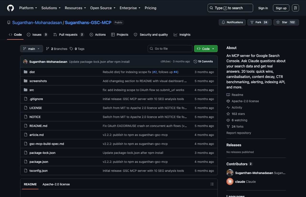SEO MCP servers pick Suganthan's Google Search Console MCP repository on GitHub