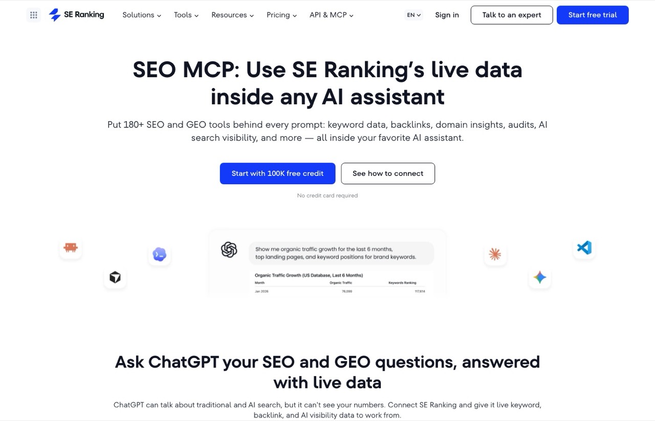 SEO MCP servers pick SE Ranking MCP page advertising 180 plus SEO and GEO tools