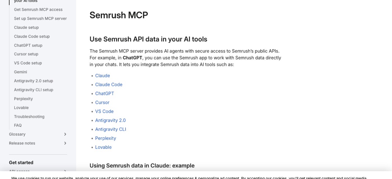 SEO MCP servers pick Semrush MCP developer documentation listing supported AI clients