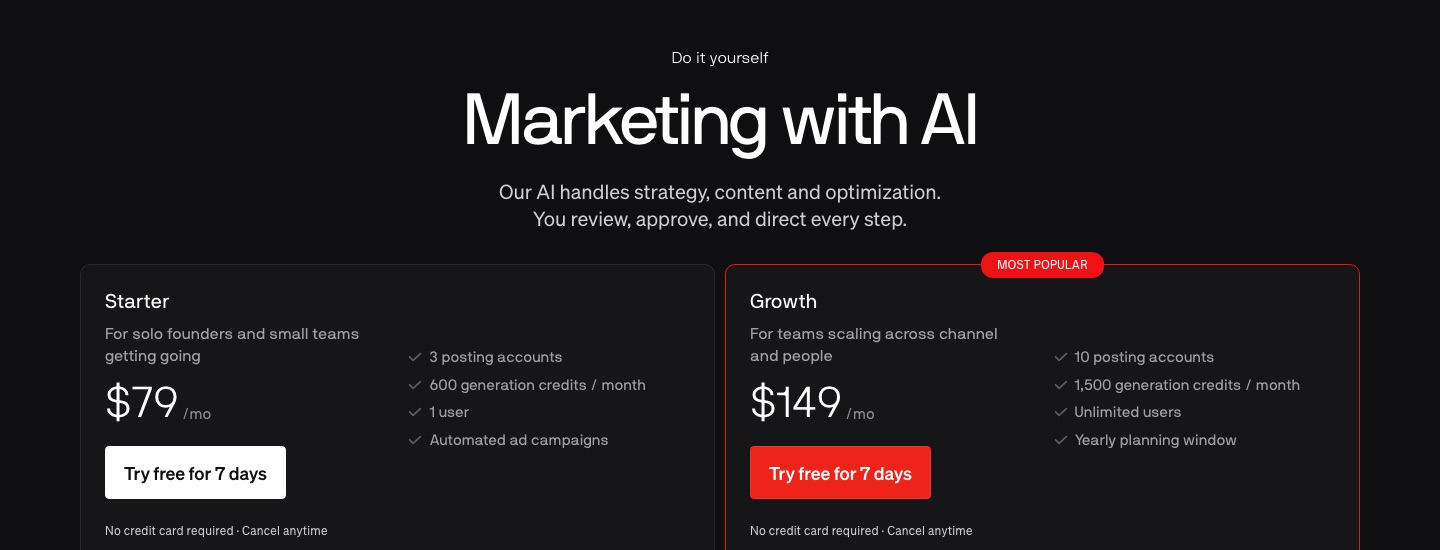 Blaze AI pricing page in August 2026 showing the Starter plan at $79 per month and the Growth plan at $149 per month