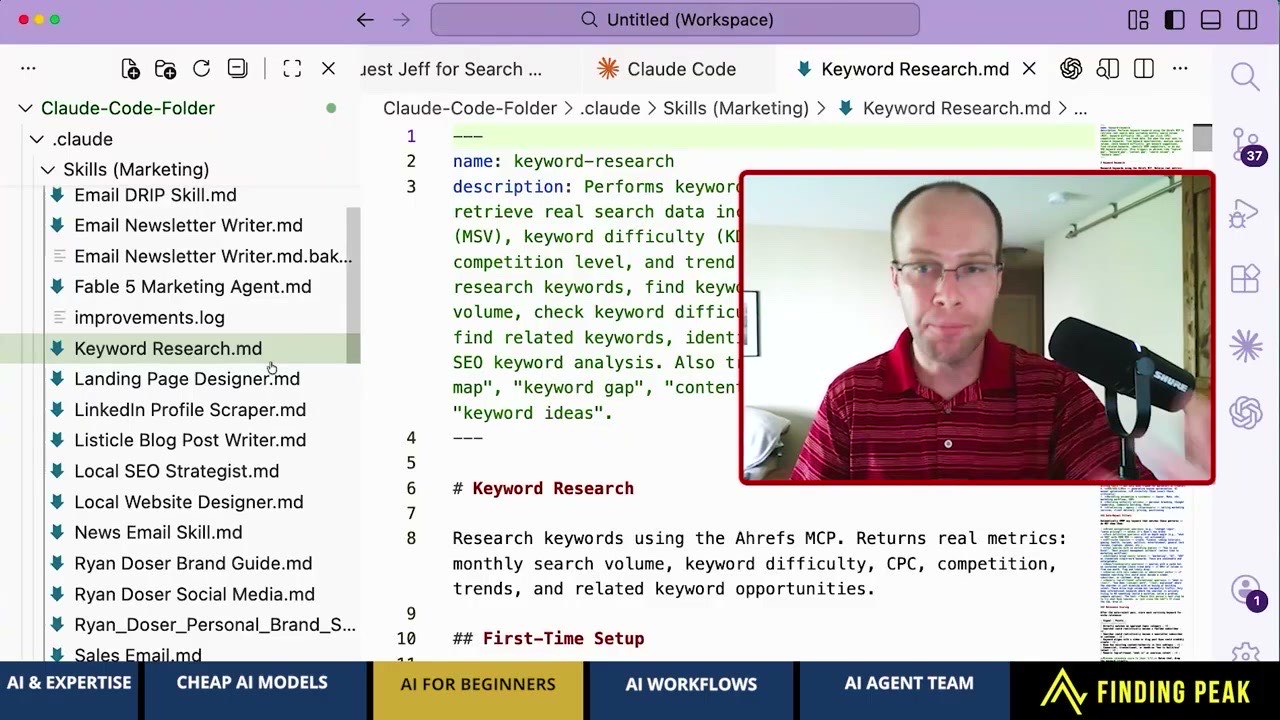 A keyword research skill markdown file open beside Claude Code and Codex together