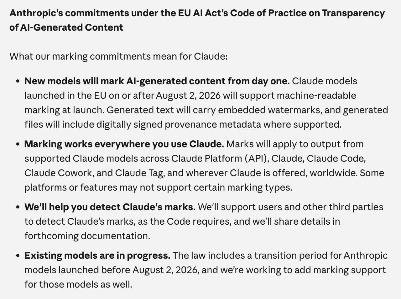 Claude watermark commitments under the EU AI Act Code of Practice on transparency