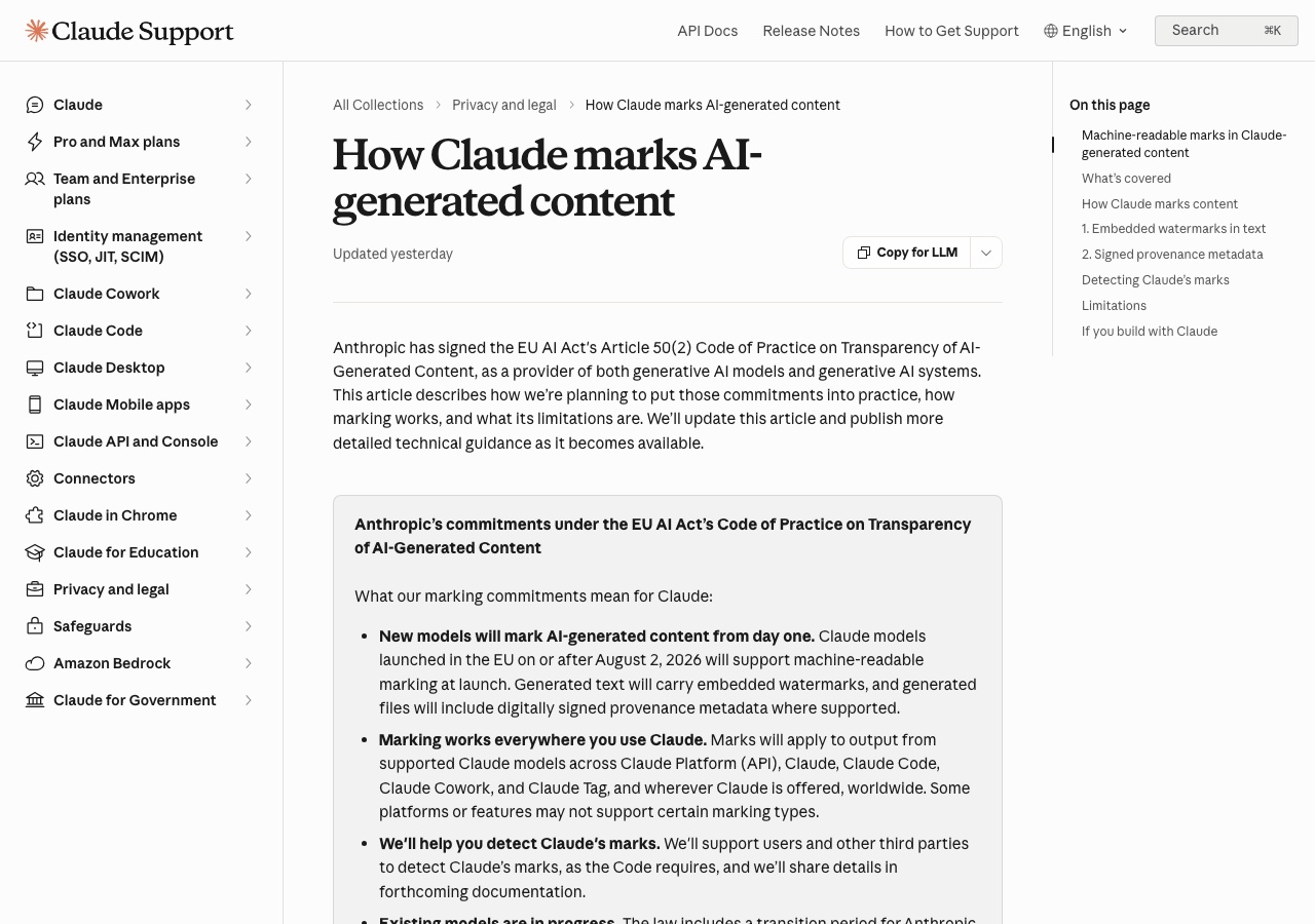 Claude watermark announcement in Anthropic's help center explaining machine-readable marks