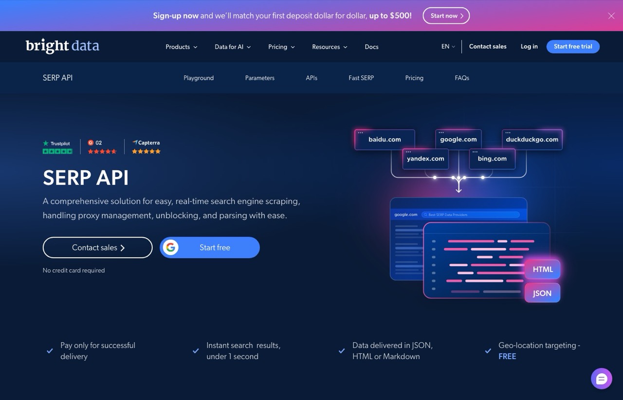 DataForSEO alternatives: Bright Data SERP API page showing pay only for successful delivery