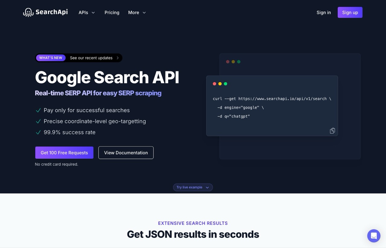 DataForSEO alternatives: SearchApi homepage showing pay only for successful searches
