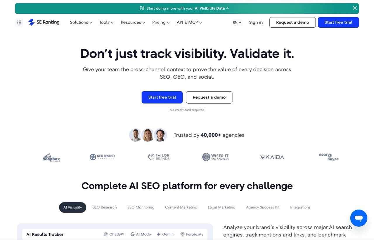 DataForSEO alternatives: SE Ranking homepage showing its AI visibility tracking platform