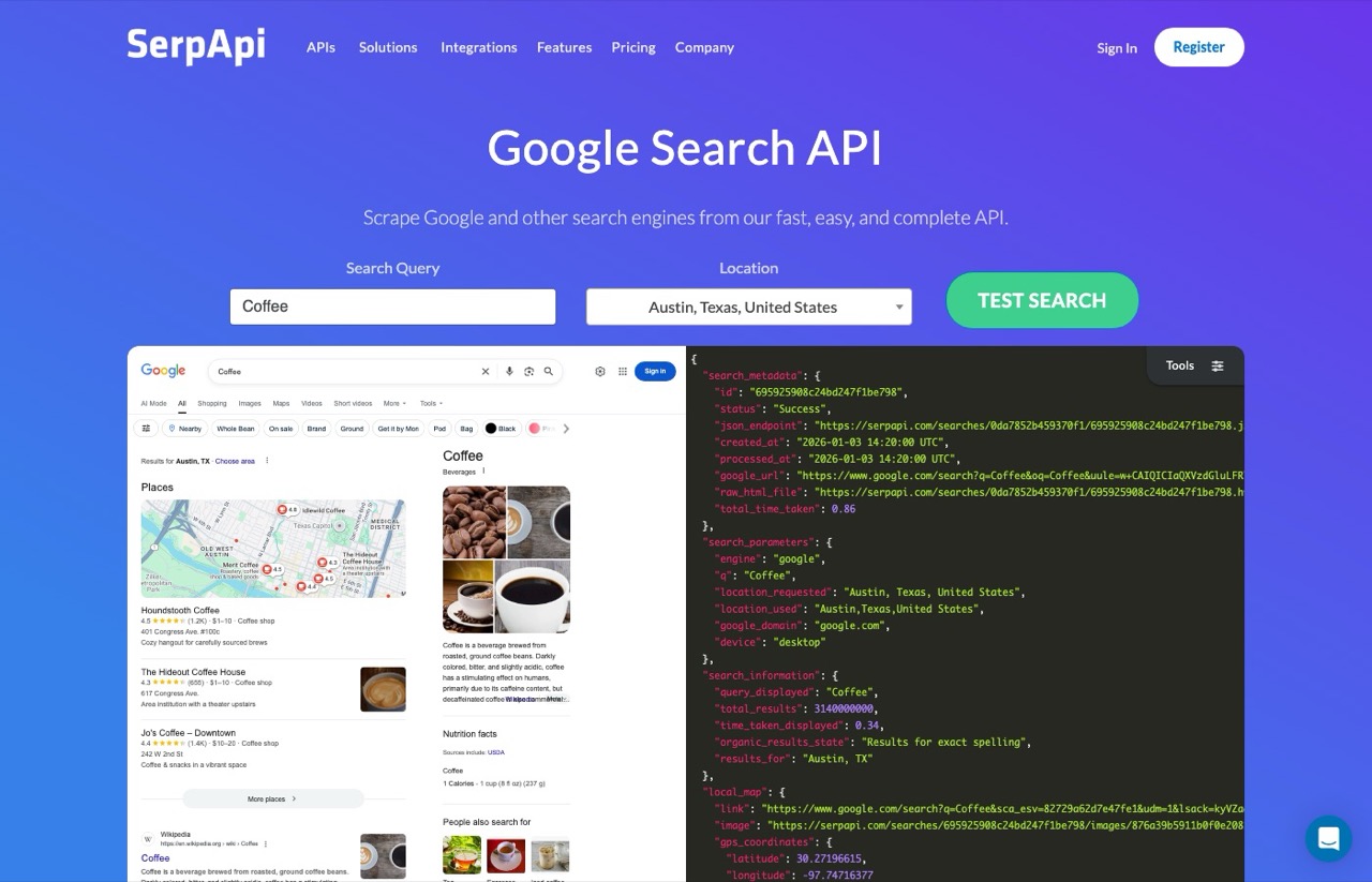 DataForSEO alternatives: SerpApi homepage showing a live Google Search API result in JSON