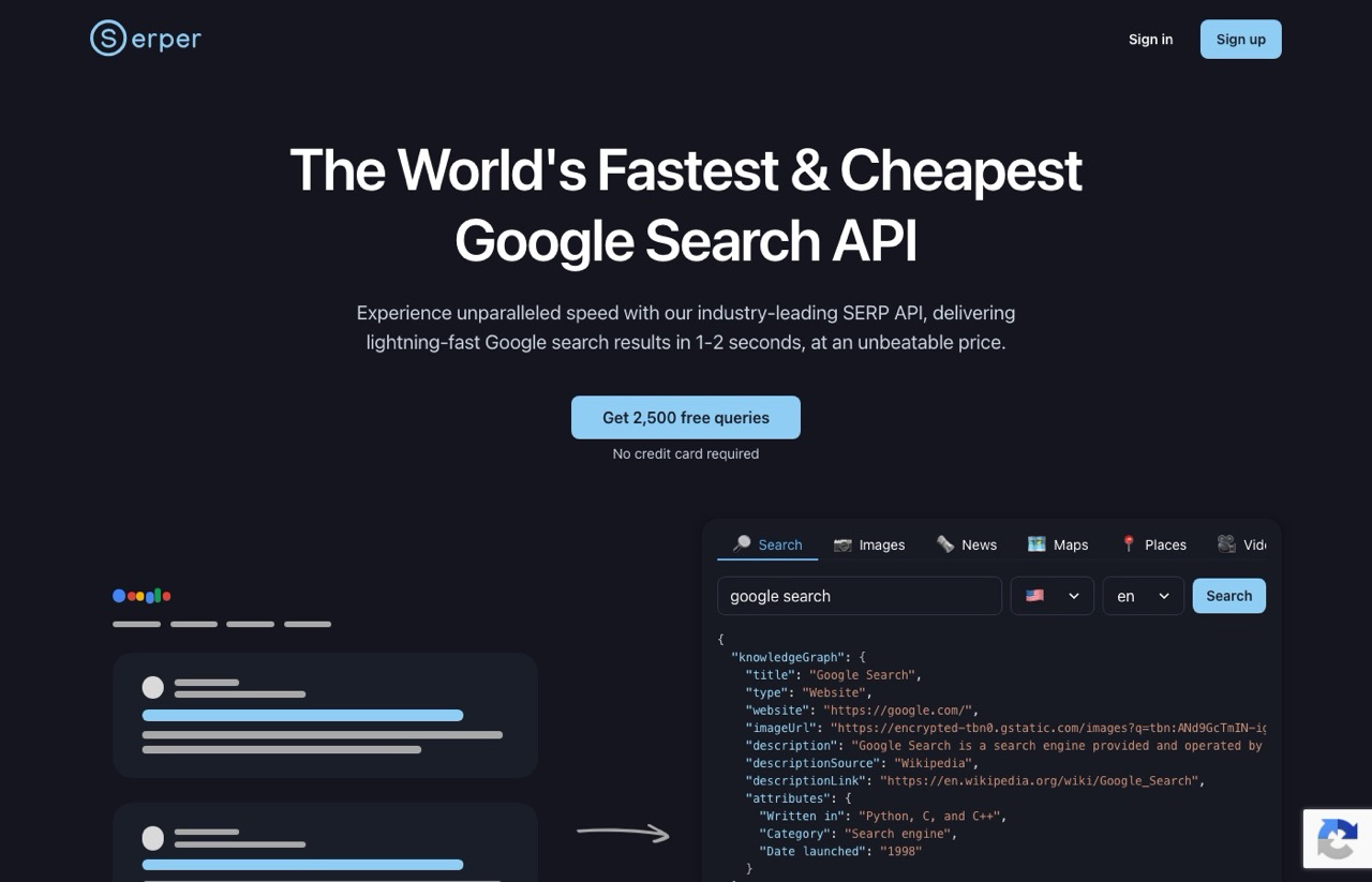 DataForSEO alternatives: Serper.dev homepage advertising the fastest and cheapest Google Search API