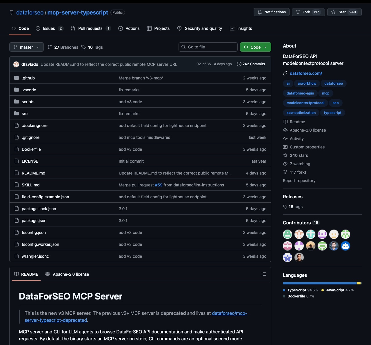 DataForSEO MCP server GitHub repository showing the v3 notice that the previous v2 server is deprecated