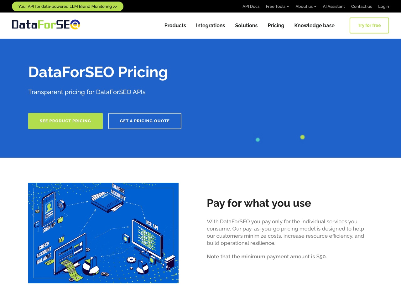 DataForSEO pricing page showing the pay-as-you-go model and the $50 minimum payment