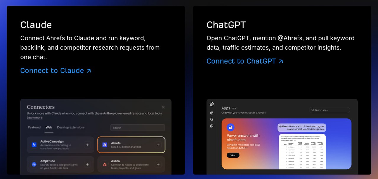 Ahrefs MCP page showing Ahrefs listed in the Claude connector directory next to ActiveCampaign and Asana