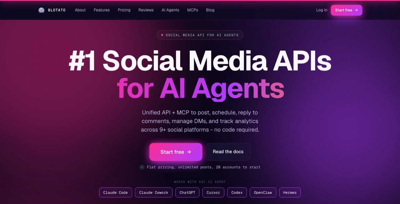 Blotato homepage showing its social media API and MCP server for AI agents