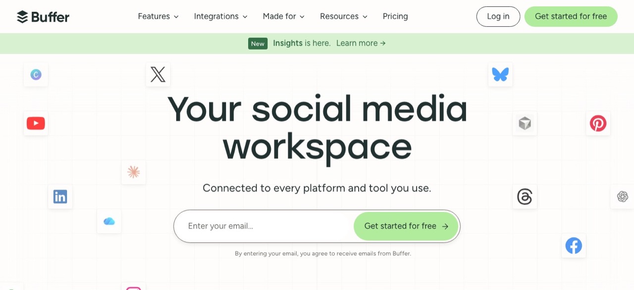 Buffer homepage showing its social media workspace and connected platforms
