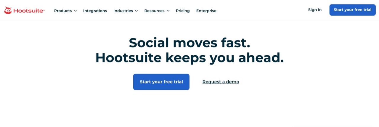 Hootsuite homepage showing its enterprise social media management platform