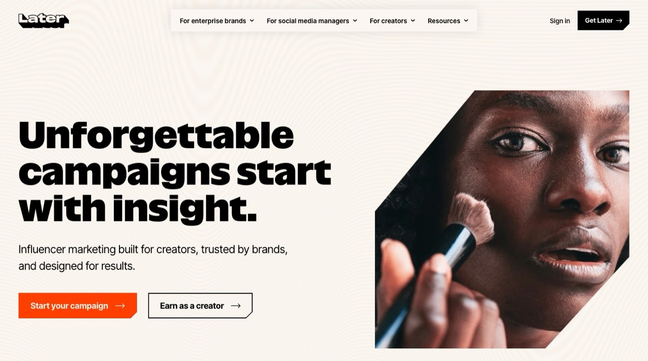 Later homepage showing its visual content planning and creator campaigns
