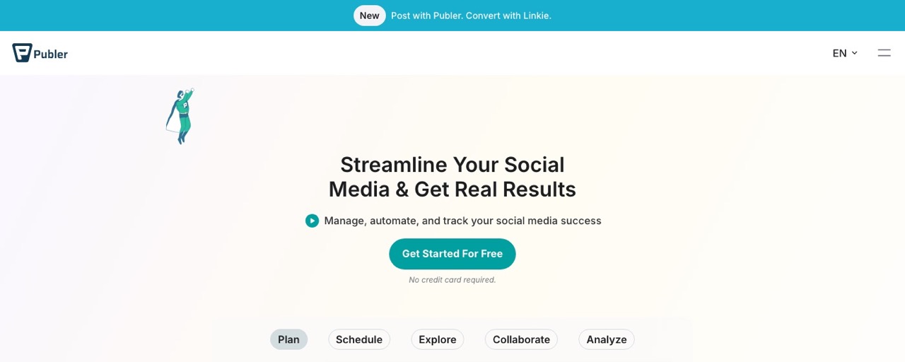 Publer homepage showing its social media scheduling and analytics workspace