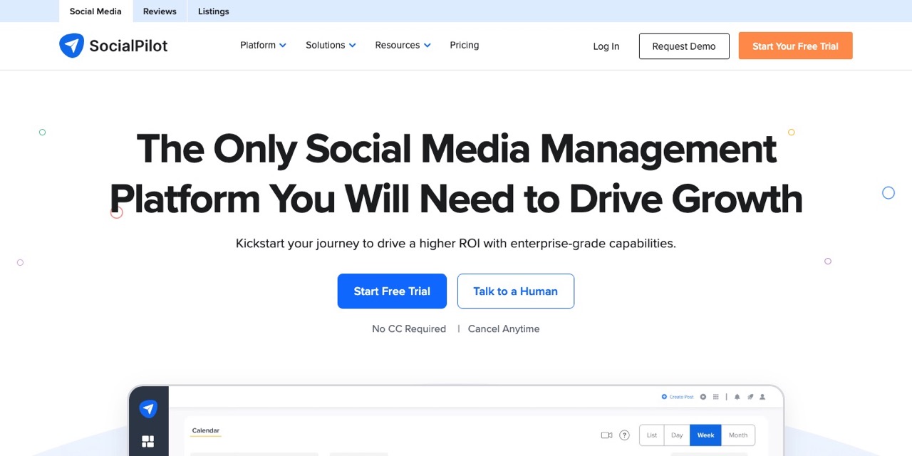 SocialPilot homepage showing its agency-focused social media dashboard