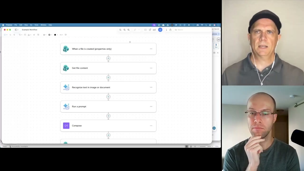 Microsoft Copilot for business agent workflow showing file trigger, text recognition, and prompt steps