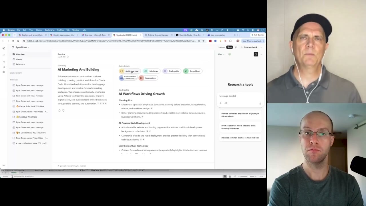 Microsoft Copilot for business notebooks feature summarizing sources with audio overview and study guide options