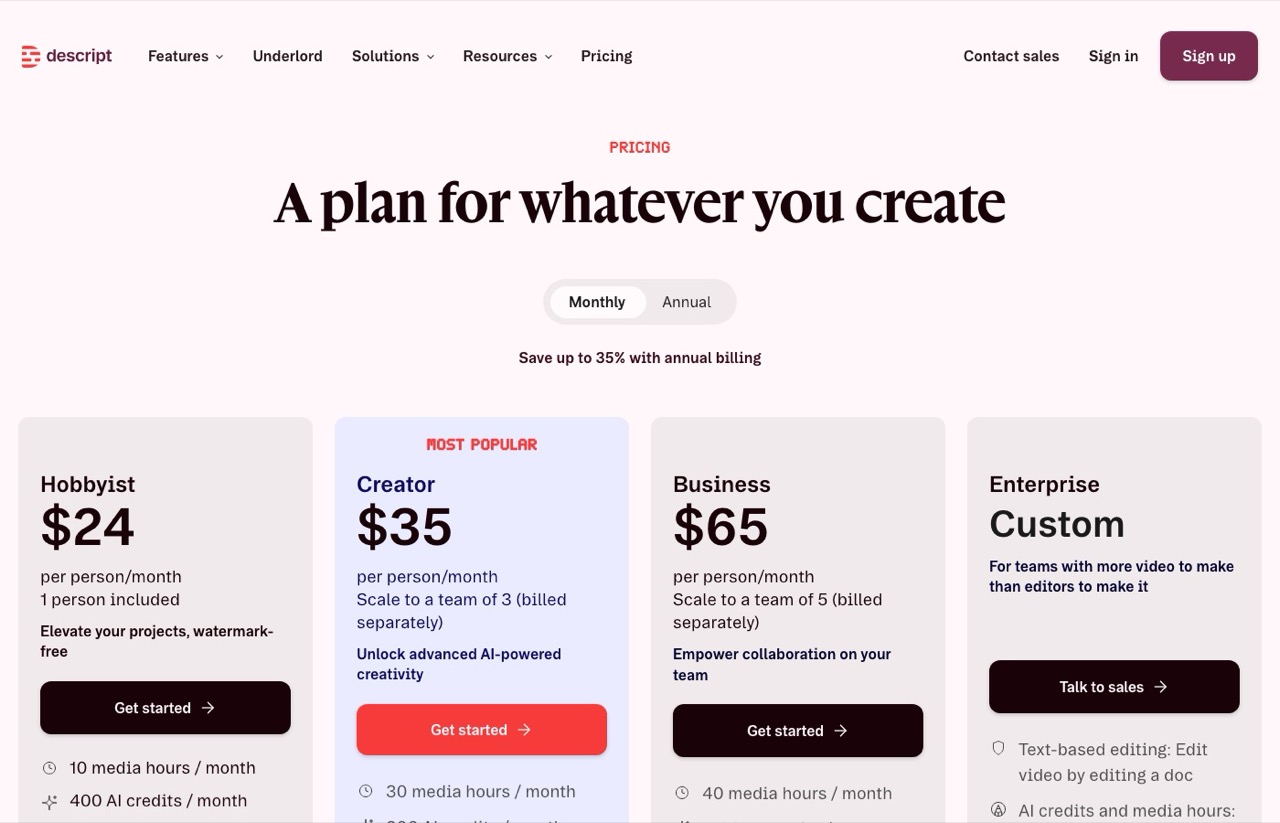 Opus Clip alternatives: Descript pricing page showing Hobbyist, Creator and Business tiers with monthly media hour limits