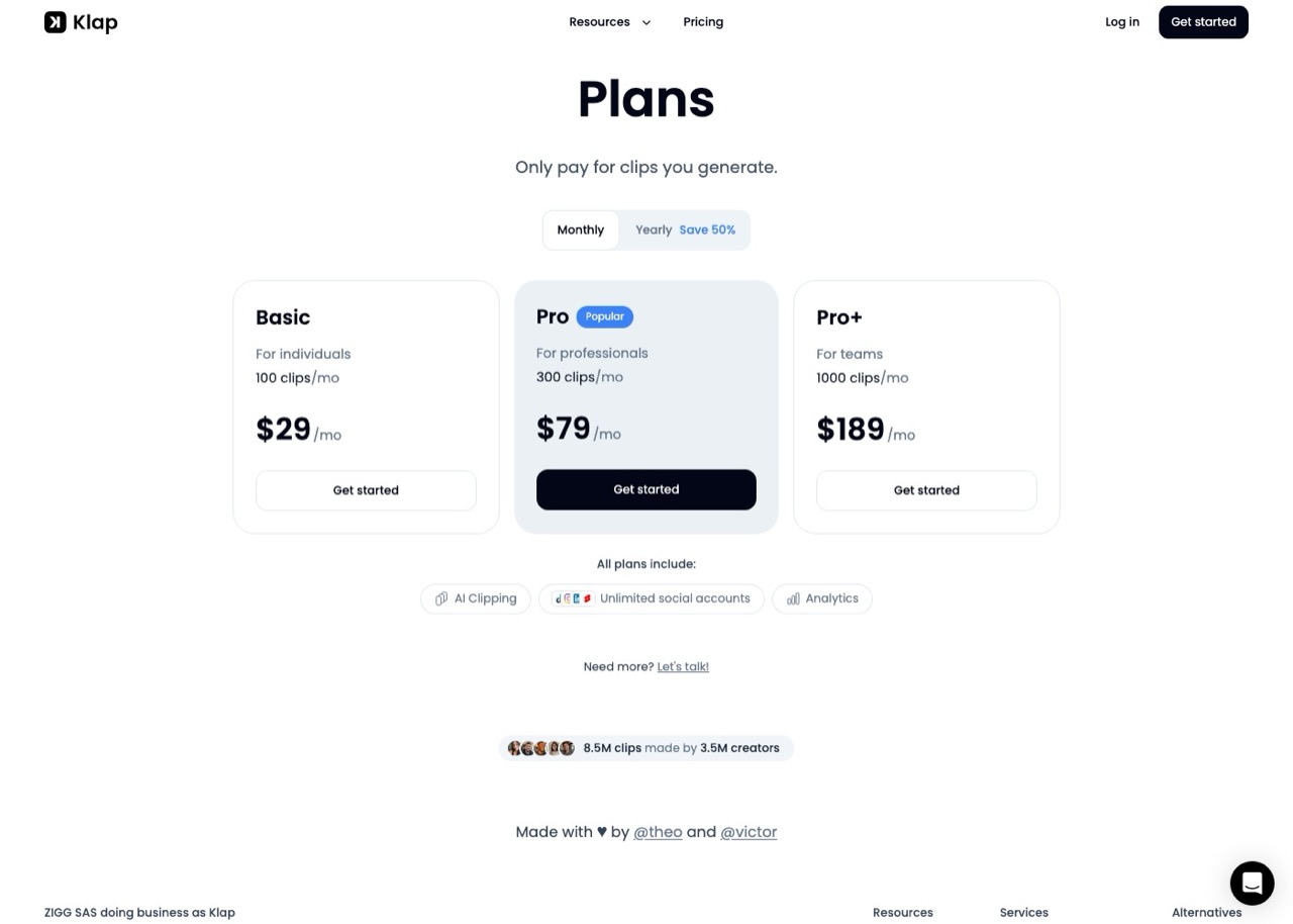 Opus Clip alternatives: Klap pricing page switched to monthly billing showing 29, 79 and 189 dollar tiers