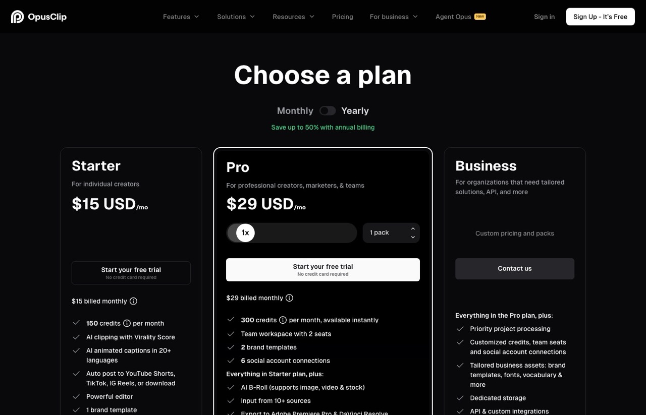 Opus Clip alternatives: Opus Clip pricing page on monthly billing showing Starter at 15 and Pro at 29 dollars