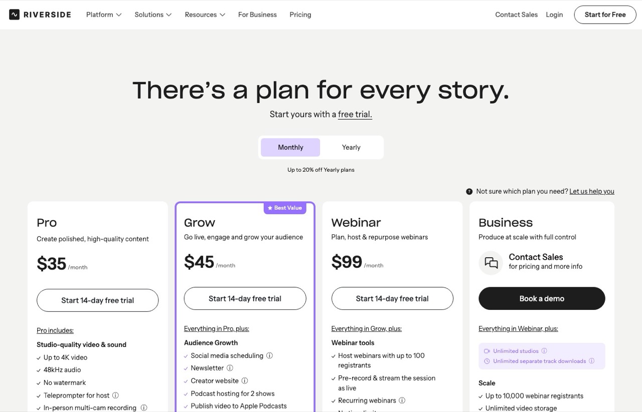 Opus Clip alternatives: Riverside pricing page on monthly billing showing Pro, Grow and Webinar plans