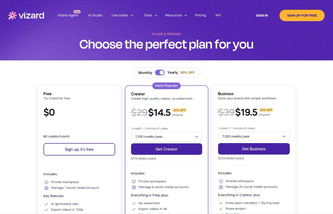 Opus Clip alternatives: Vizard pricing page showing a free plan with 60 monthly credits and paid Creator and Business tiers