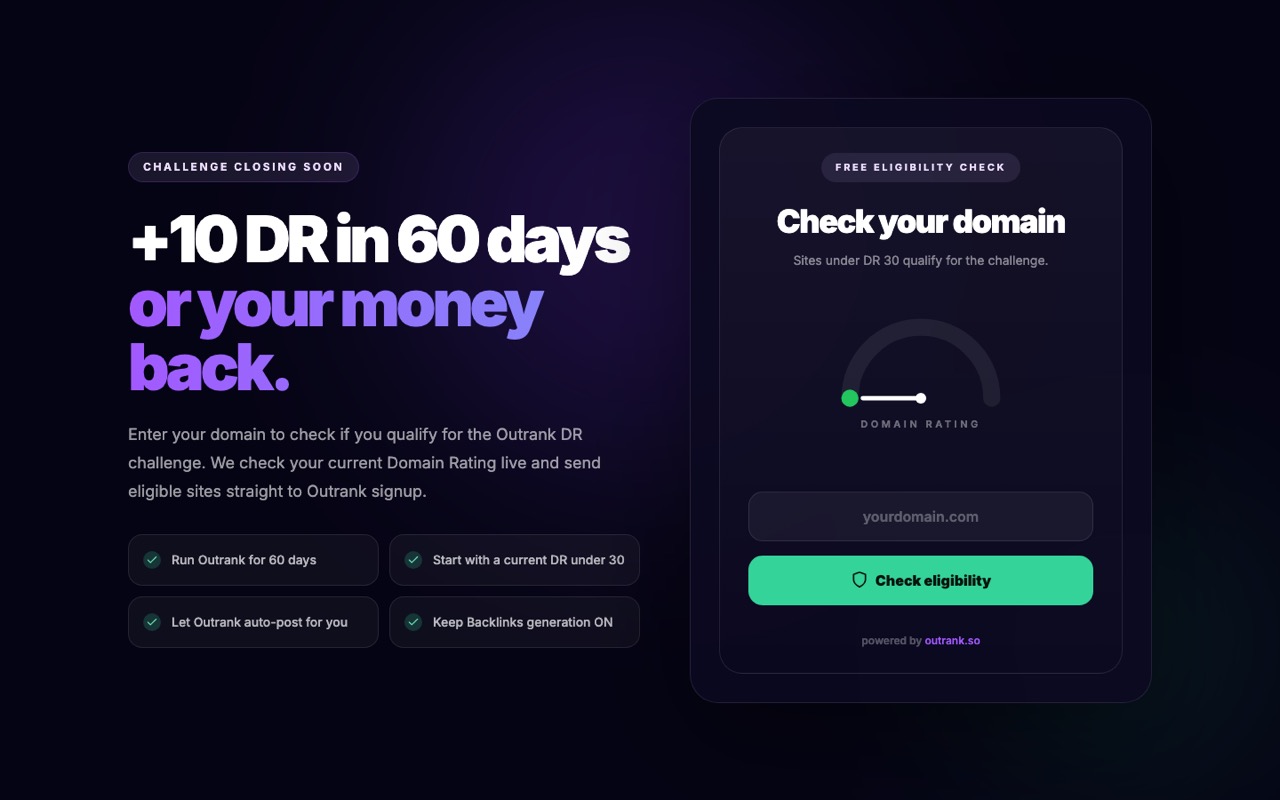 Outrank DR Challenge page headlined plus 10 DR in 60 days or your money back, listing four conditions and a domain eligibility checker, with no refund claim process shown