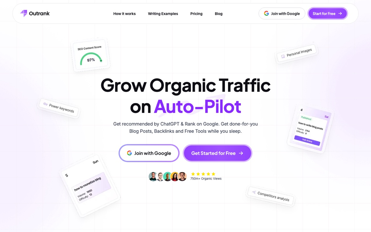 Outrank homepage showing its pitch to grow organic traffic on auto-pilot