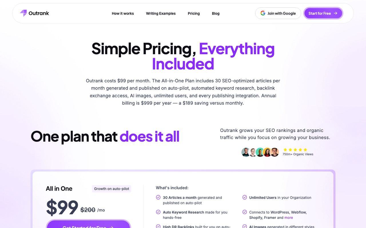 Outrank pricing page showing the All-in-One plan at $99 per month against a struck-through $200, with 30 auto-published articles, unlimited users and backlink exchange access listed