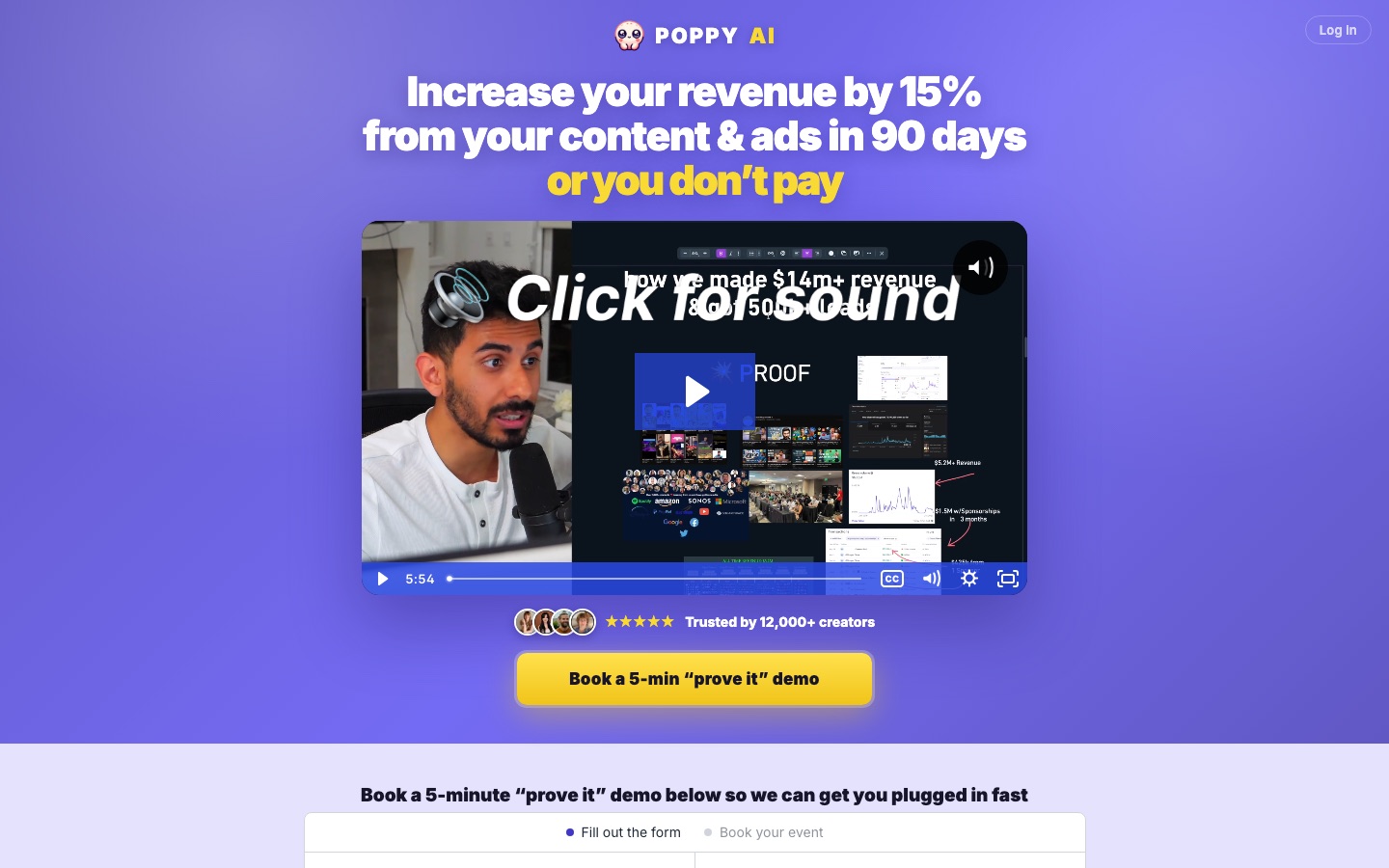 Poppy AI v2 homepage in August 2026 showing a 15 percent revenue guarantee and a book a 5-minute demo call to action instead of a pricing page