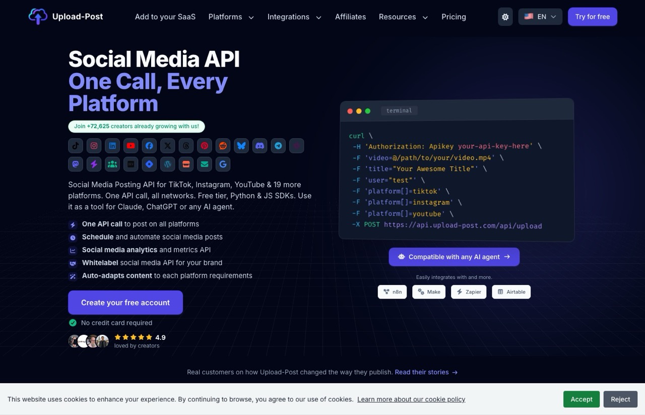 Upload-Post homepage, a unified social media posting API covering 22 platforms