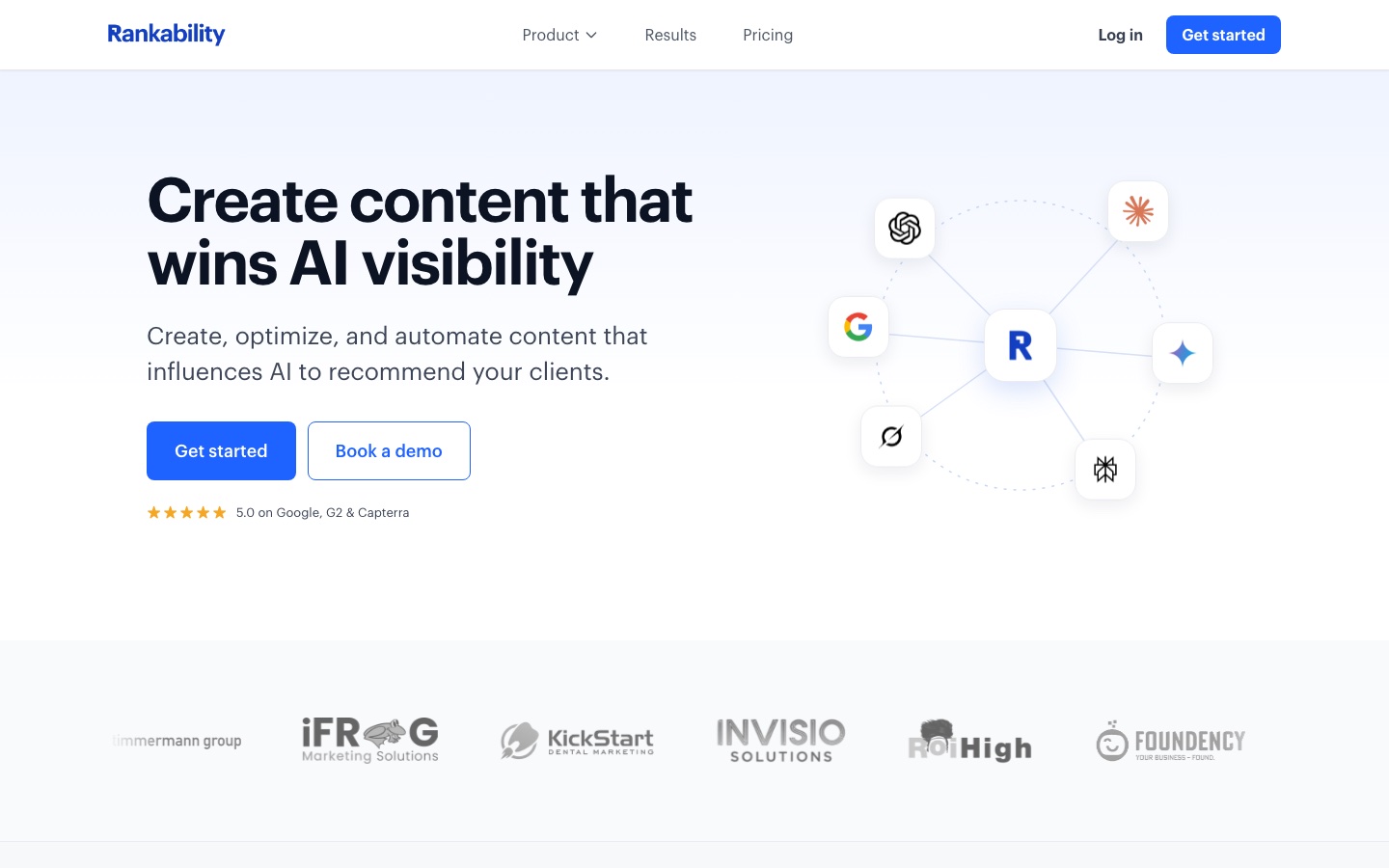 Rankability homepage showing the Create content that wins AI visibility headline