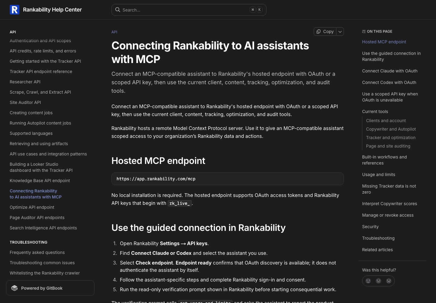 Rankability help center documentation for connecting to AI assistants with MCP