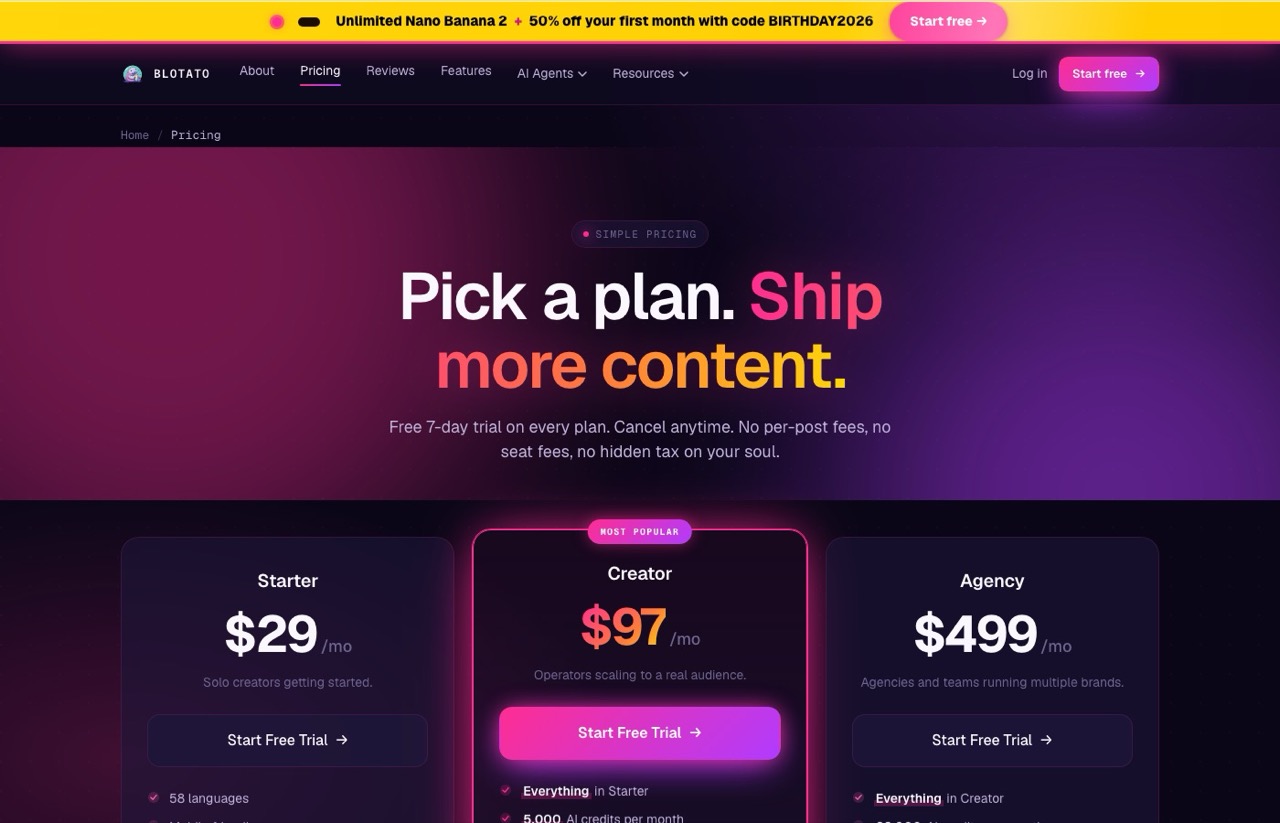 Repurpose.io alternatives: Blotato pricing page showing Starter at $29, Creator at $97 and Agency at $499 per month