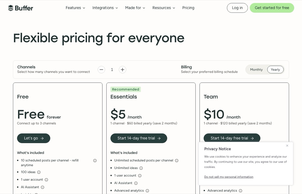 Repurpose.io alternatives: Buffer pricing page showing a free plan for 3 channels and Essentials priced per channel