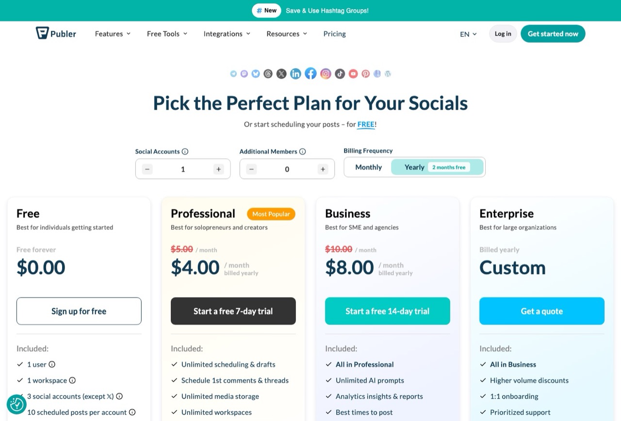 Repurpose.io alternatives: Publer pricing page showing a free plan and Professional at $5 per social account per month